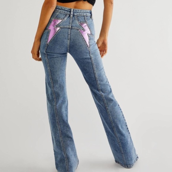 NEW Free People Thunderbird pink lightning bolt flare jeans, 33 - Picture 1 of 12